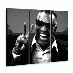 Ručno oslikana slika na platnu s motivom ray charles u crno-bijeloj tehnici – 3D prikaz platna s vidljivim drvenim okvirom, Papilora.