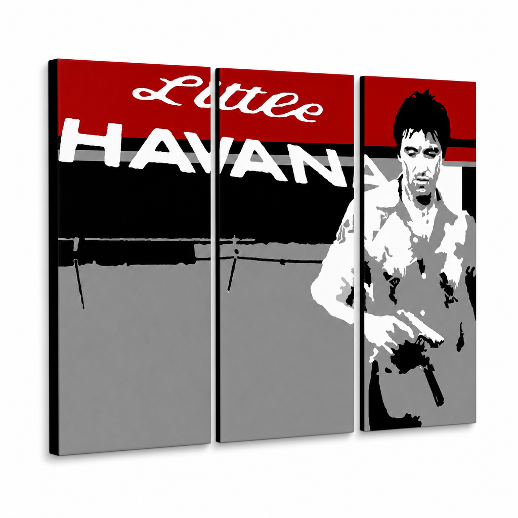 Ručno oslikana POP Art slika Scarface - AL PACINO 3 dijela al39 – 3D vizualizacija ručno oslikanog platna na bijeloj pozadini. Dominantne boje: crvena, crna, siva, bijela.