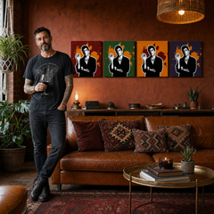 Ručno oslikana POP Art slika Scarface - AL PACINO 4 dijela 200x50cm al37 – slika u modernom muškom interijeru, lifestyle vizualizacija. Dominantne boje: crna, narančasta, crvena, zelena, ljubičasta.