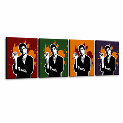 Ručno oslikana POP Art slika Scarface - AL PACINO 4 dijela 200x50cm al37 – 3D vizualizacija ručno oslikanog platna na bijeloj pozadini. Dominantne boje: crna, narančasta, crvena, zelena, ljubičasta.