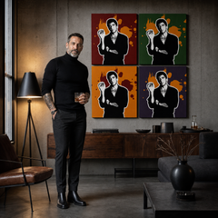 Ručno oslikana POP Art slika Scarface - AL PACINO 4 dijela al36 – slika u modernom muškom interijeru, lifestyle vizualizacija. Dominantne boje: crna, narančasta, crvena, zelena, ljubičasta.