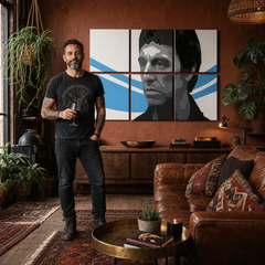 Ručno oslikana POP Art slika Scarface - AL PACINO 6 dijelova al40 – slika u modernom muškom interijeru, lifestyle vizualizacija. Dominantne boje: crna, plava, bijela.