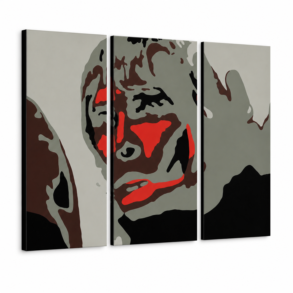 Ručno oslikana POP Art slika SMEĐI MAJMUN od 3 dijela, smeđa – 3D vizualizacija ručno oslikanog platna na bijeloj pozadini. Dominantne boje: crna, crvena, siva, smeđa, bijela.