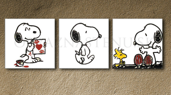 Ručno oslikana slika na platnu s motivom snoopy i woodstock crno-bijeli – 3D prikaz platna s vidljivim drvenim okvirom, Papilora.