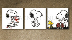Ručno oslikana slika na platnu s motivom snoopy i woodstock crno-bijeli – 3D prikaz platna s vidljivim drvenim okvirom, Papilora.