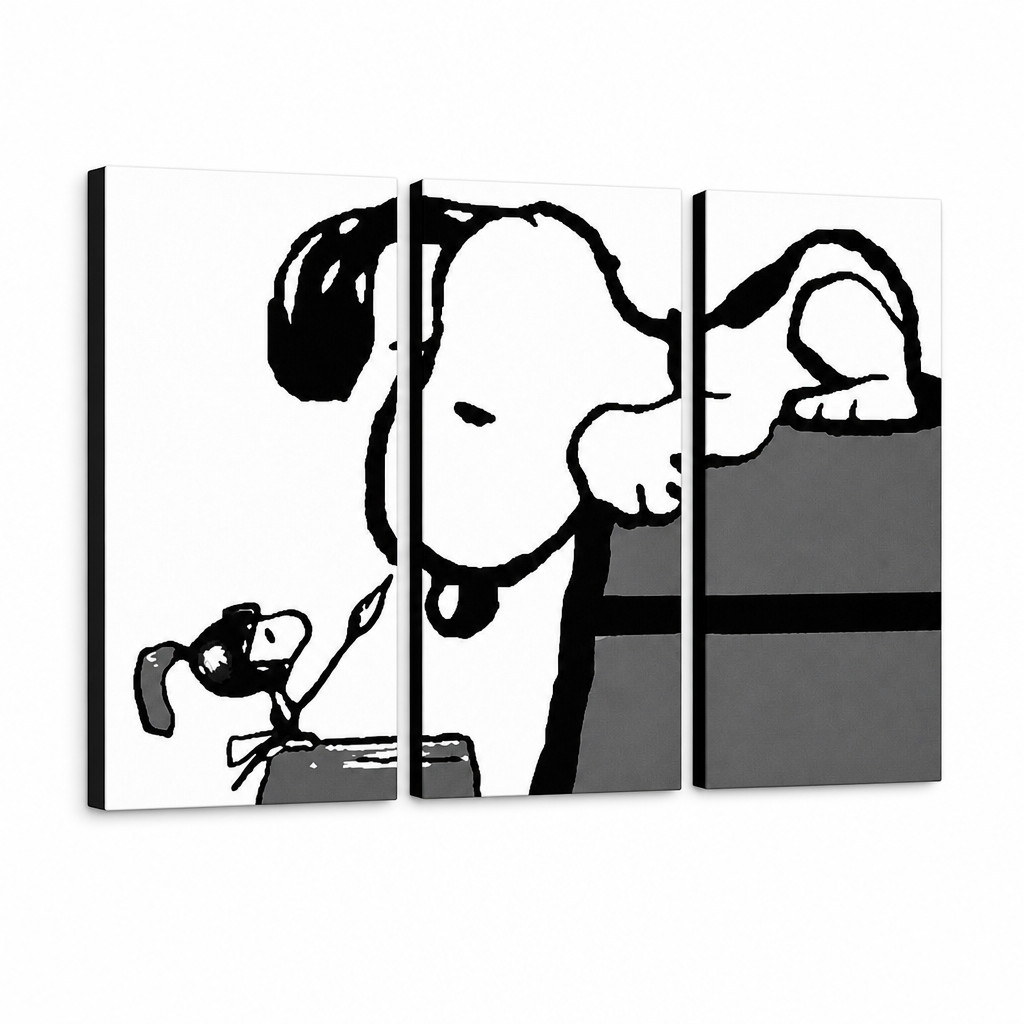 Ručno oslikana slika na platnu s motivom snoopy i woodstock crno-bijeli – 3D prikaz platna s vidljivim drvenim okvirom, Papilora.