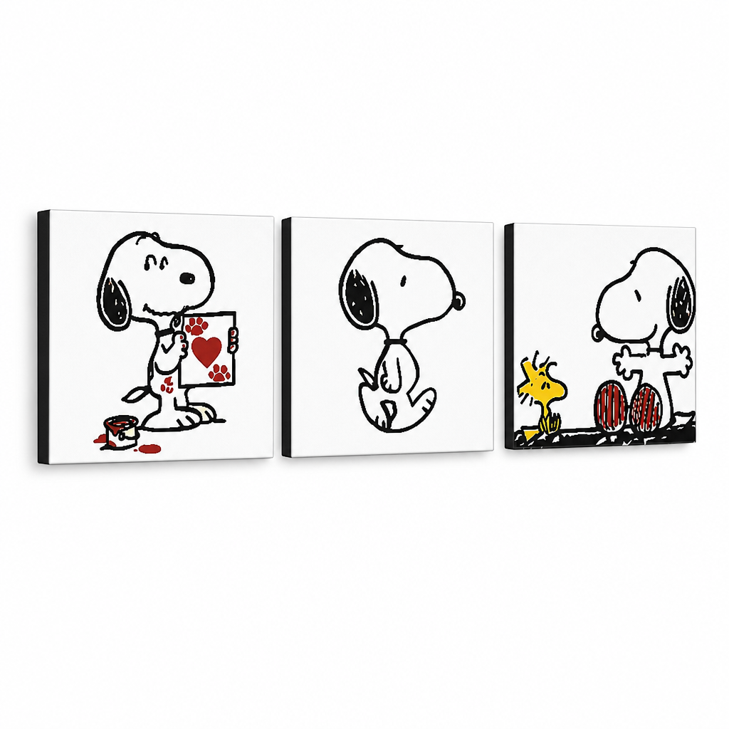 Ručno oslikana slika na platnu s motivom snoopy i woodstock crno-bijeli s crvenim i žutim – 3D prikaz platna s vidljivim drvenim okvirom, Papilora.