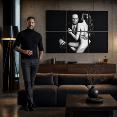 Ručno oslikana POP Art slika SOPRANOSA, 6 dijelova, sop2 – slika u modernom muškom interijeru, lifestyle vizualizacija. Dominantne boje: crna, bijela, plava.