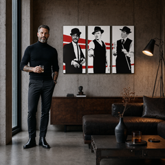 Ručno oslikana POP Art slika Štakorski paket od 3 komada rp – slika u modernom muškom interijeru, lifestyle vizualizacija. Dominantne boje: crna, bijela, crvena.