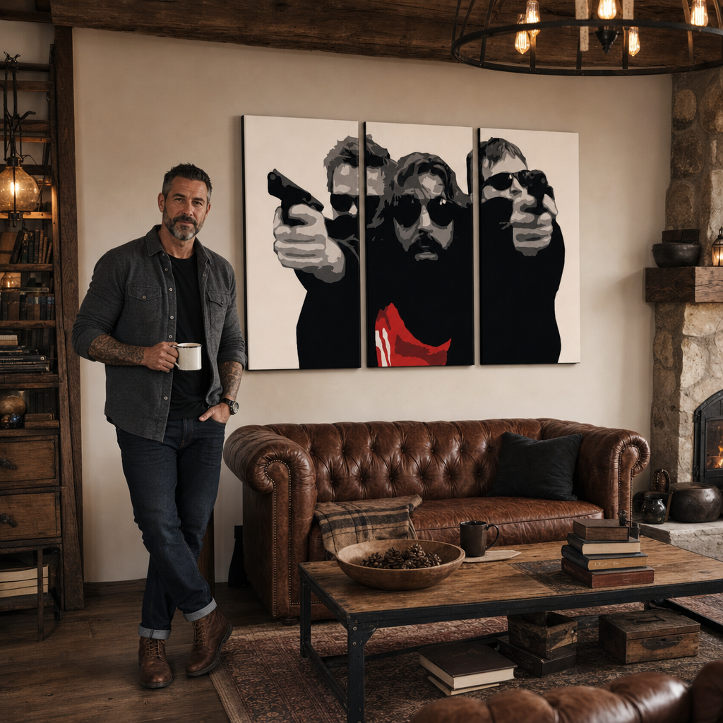 Ručno oslikana POP Art slika Svetac iz Bondocka, 3 žlice – slika u modernom muškom interijeru, lifestyle vizualizacija. Dominantne boje: crna, bijela, crvena.