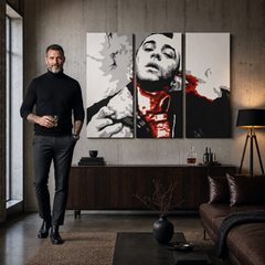 Ručno oslikana POP Art slika Taksist od 3 dijela taksija – slika u modernom muškom interijeru, lifestyle vizualizacija. Dominantne boje: crna, bijela, crvena, siva, narančasta.