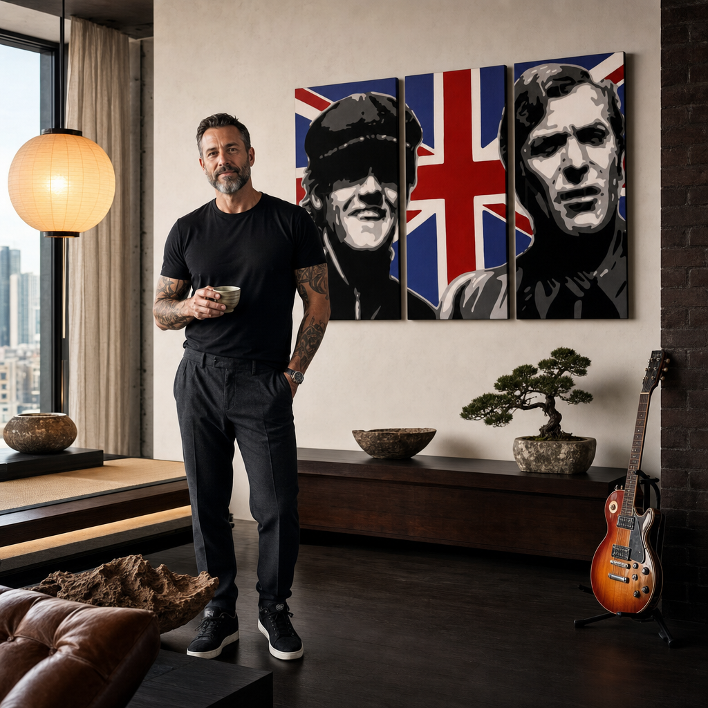 Ručno oslikana POP Art slika Talijanski posao od 3 dijela ij – slika u modernom muškom interijeru, lifestyle vizualizacija. Dominantne boje: crna, bijela, plava, crvena, smeđa.