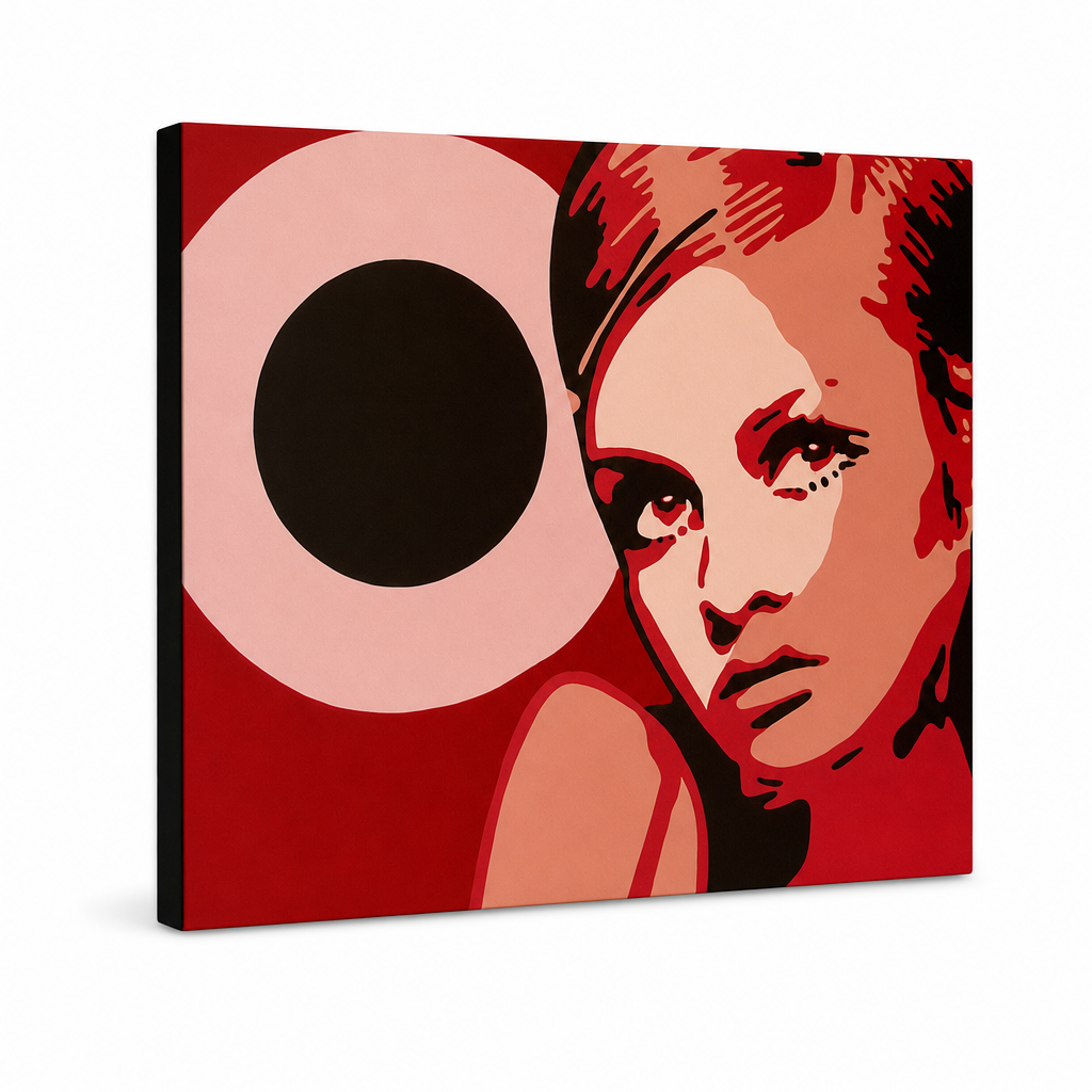 Ručno oslikana POP Art slika Twigy 1 komad 0001 tw – 3D vizualizacija ručno oslikanog platna na bijeloj pozadini. Dominantne boje: crvena, ružičasta, crna, bež, narančasta.