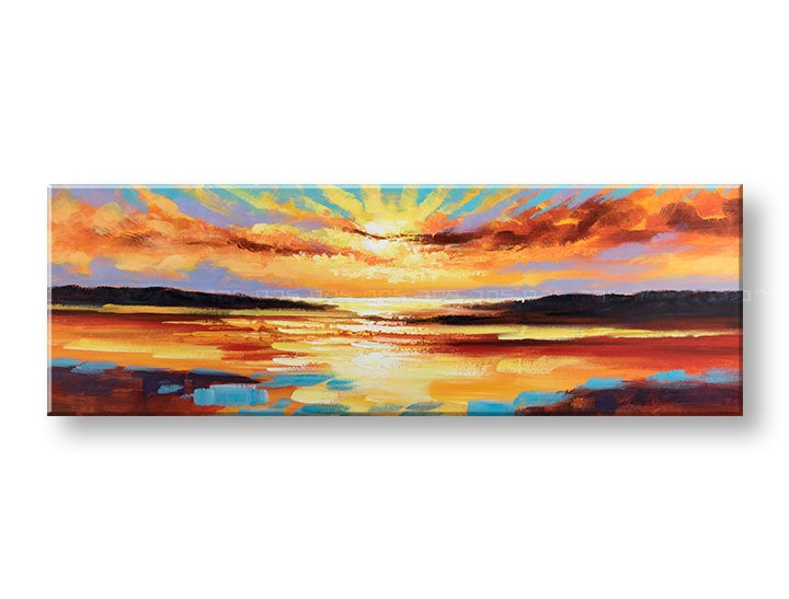 Papilora ručno oslikana slika na platnu Zalazak sunca 150x50 cm, prikazana u 3D perspektivi, s toplim narančastim, crvenim i ljubičastim tonovima neba i mora.