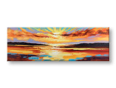 Papilora ručno oslikana slika na platnu Zalazak sunca 150x50 cm, prikazana u 3D perspektivi, s toplim narančastim, crvenim i ljubičastim tonovima neba i mora.