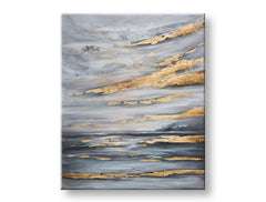 Papilora: Ručno oslikana apstraktna slika Nebo sa zlatnim akcentima, 90x110 cm, prikazana u 3D perspektivi na platnu, s teksturom.