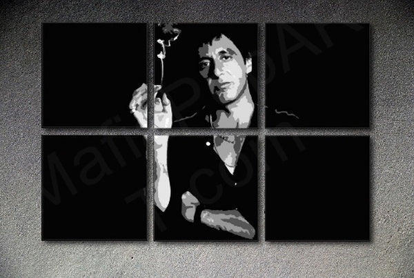 Ručno oslikana slika na platnu s motivom al pacino s cigaretom, crno-bijelo – 3D prikaz platna s vidljivim drvenim okvirom, Papilora.