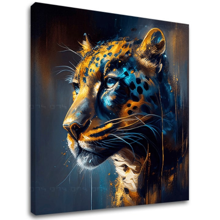 Ručno oslikana premium slika na platnu sa zlatnim akcentima s motivom glava leoparda u zlatnim i plavim tonovima – 3D prikaz platna s vidljivim drvenim okvirom, Papilora.