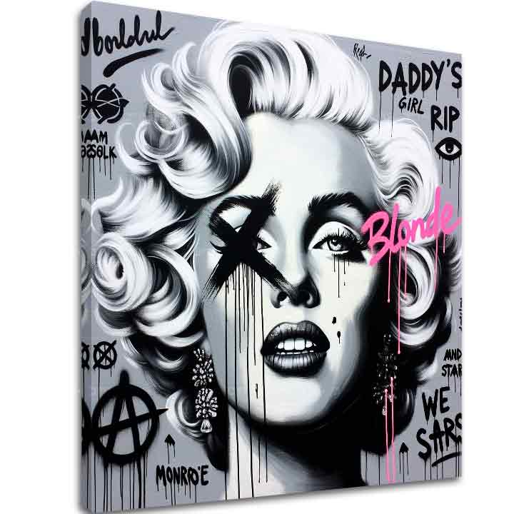 Slika na platnu s motivom Marilyn Monroe u pop art stilu – 3D prikaz platna s vidljivim drvenim okvirom, Papilora.