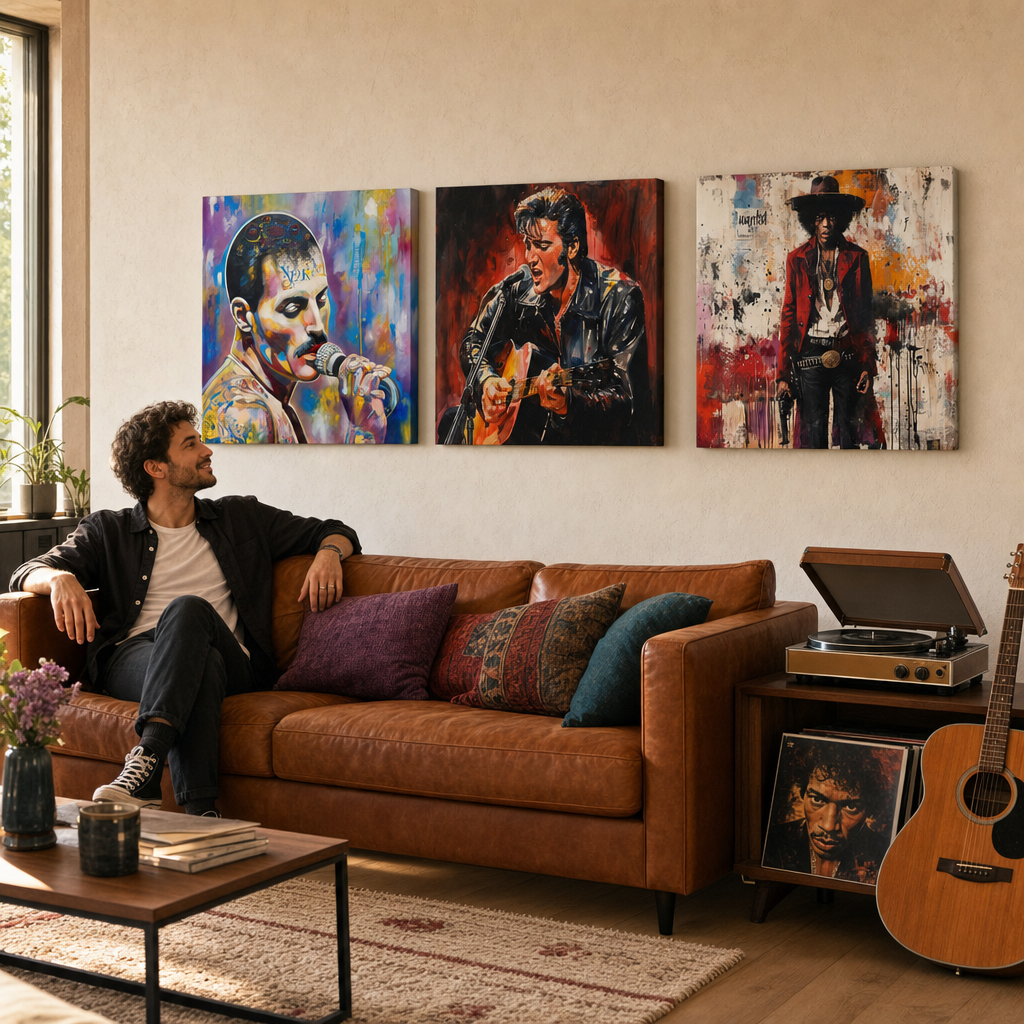 Set od 3 slike Rock Legends iznad kauča u dnevnom boravku – Freddie Mercury, Elvis Presley, Jimi Hendrix na Papilora platnu.