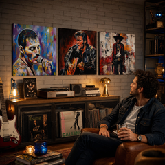 Trodijelna zidna umjetnost Rock Legends u glazbenoj sobi iznad komode – Freddie, Elvis, Hendrix.
