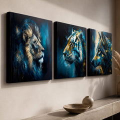 Set Wild Kingdom detalj – trodijelna zidna umjetnost izbliza, vidljivi gallery-wrap rubovi i ručno dorađeni akrilni detalji