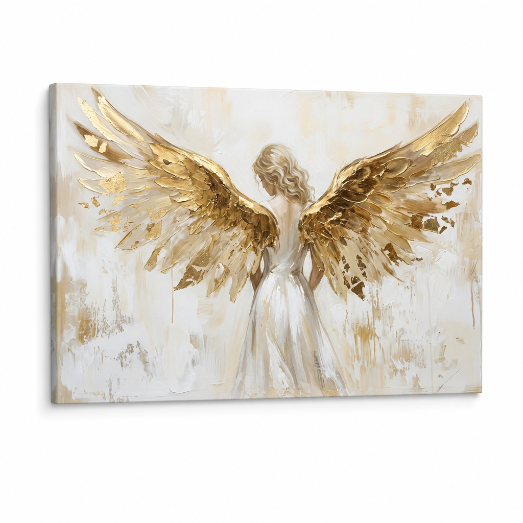 Moderna slika ženskog profila s anđeoskim krilima na kvalitetnom platnu, 3D prikaz teksture i drvenog okvira, Papilora Premium Art.
