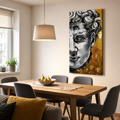 Stilizirani portret Davida kao elegantan dekor za dnevni boravak iznad komode, unosi luksuznu umjetničku atmosferu u interijer.