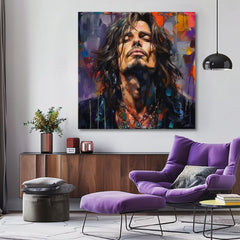Ručno oslikana premium slika na platnu sa zlatnim akcentima s motivom portret muškarca duge kose i brade obješena u modernom stilskom interijeru iznad drvene konzole s vazom i svijećom, Papilora.
