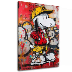 Ručno oslikana premium slika na platnu sa zlatnim akcentima s motivom snoopy u hip-hop odjeći, crveno-žuti – 3D prikaz platna s vidljivim drvenim okvirom, Papilora.