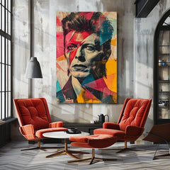 Slika na platnu s motivom david bowie s munjom na licu obješena u modernom stilskom interijeru iznad drvene konzole s vazom i svijećom, Papilora.