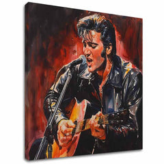 Ručno oslikana premium slika na platnu sa zlatnim akcentima s motivom elvis presley pjeva s gitarom – 3D prikaz platna s vidljivim drvenim okvirom, Papilora.