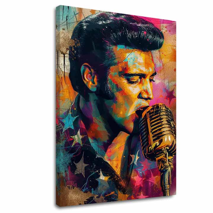 Ručno oslikana premium slika na platnu sa zlatnim akcentima s motivom elvis presley pjeva u mikrofon, šareno – 3D prikaz platna s vidljivim drvenim okvirom, Papilora.