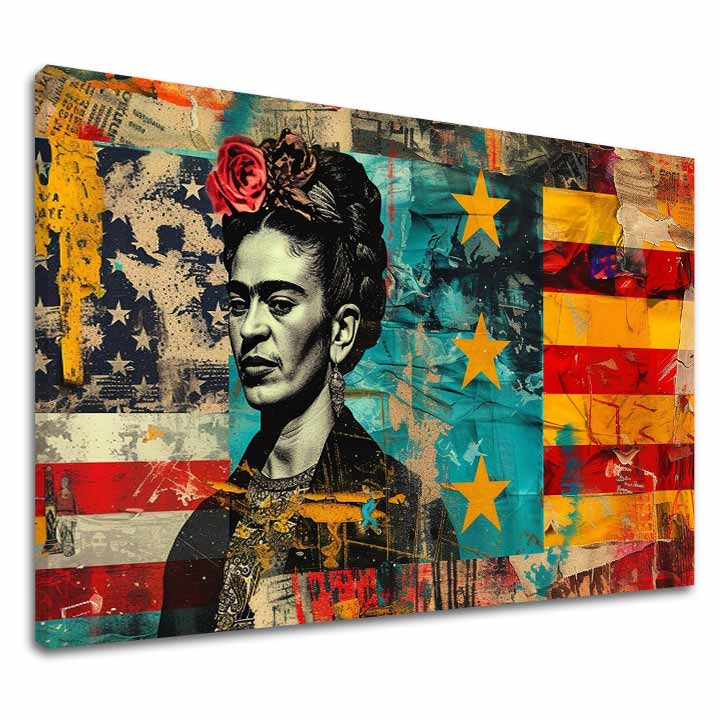 Ručno oslikana premium slika na platnu sa zlatnim akcentima s motivom frida kahlo na apstraktnoj pozadini zastava – 3D prikaz platna s vidljivim drvenim okvirom, Papilora.