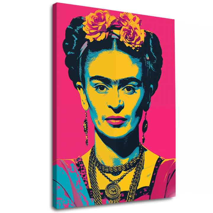 Slika na platnu s motivom frida kahlo pop art portret – 3D prikaz platna s vidljivim drvenim okvirom, Papilora.