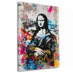 Ručno oslikana premium slika na platnu sa zlatnim akcentima s motivom mona lisa s grafitima – 3D prikaz platna s vidljivim drvenim okvirom, Papilora.