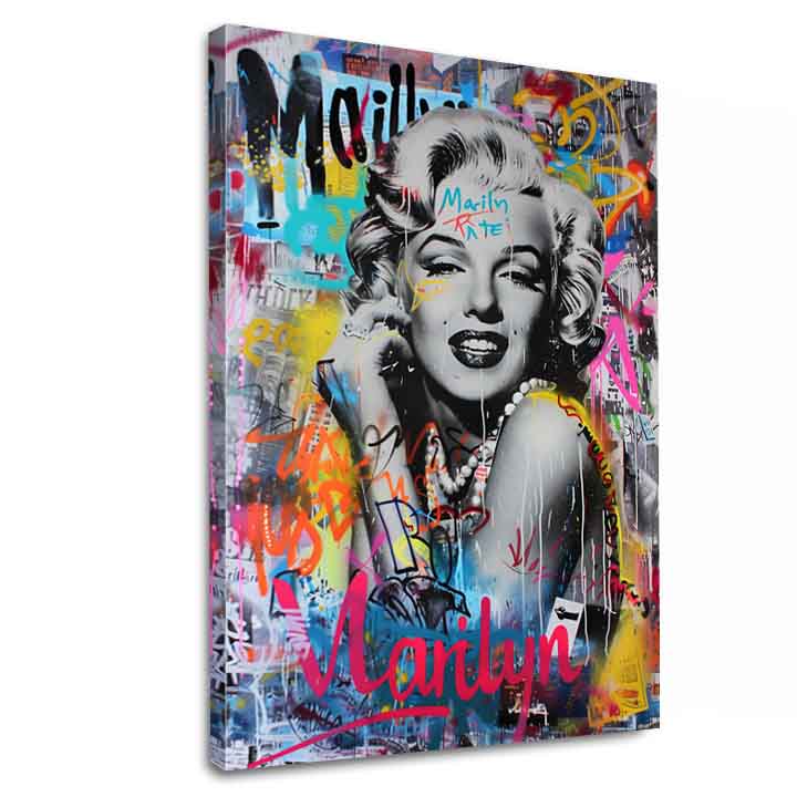 Ručno oslikana premium slika na platnu sa zlatnim akcentima s motivom marilyn monroe s grafitima – 3D prikaz platna s vidljivim drvenim okvirom, Papilora.