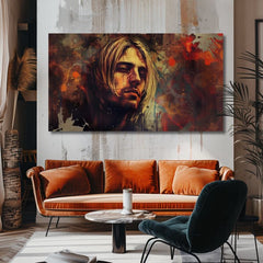 Slika na platnu s motivom portret muškarca duge plave kose obješena u modernom stilskom interijeru iznad drvene konzole s vazom i svijećom, Papilora.