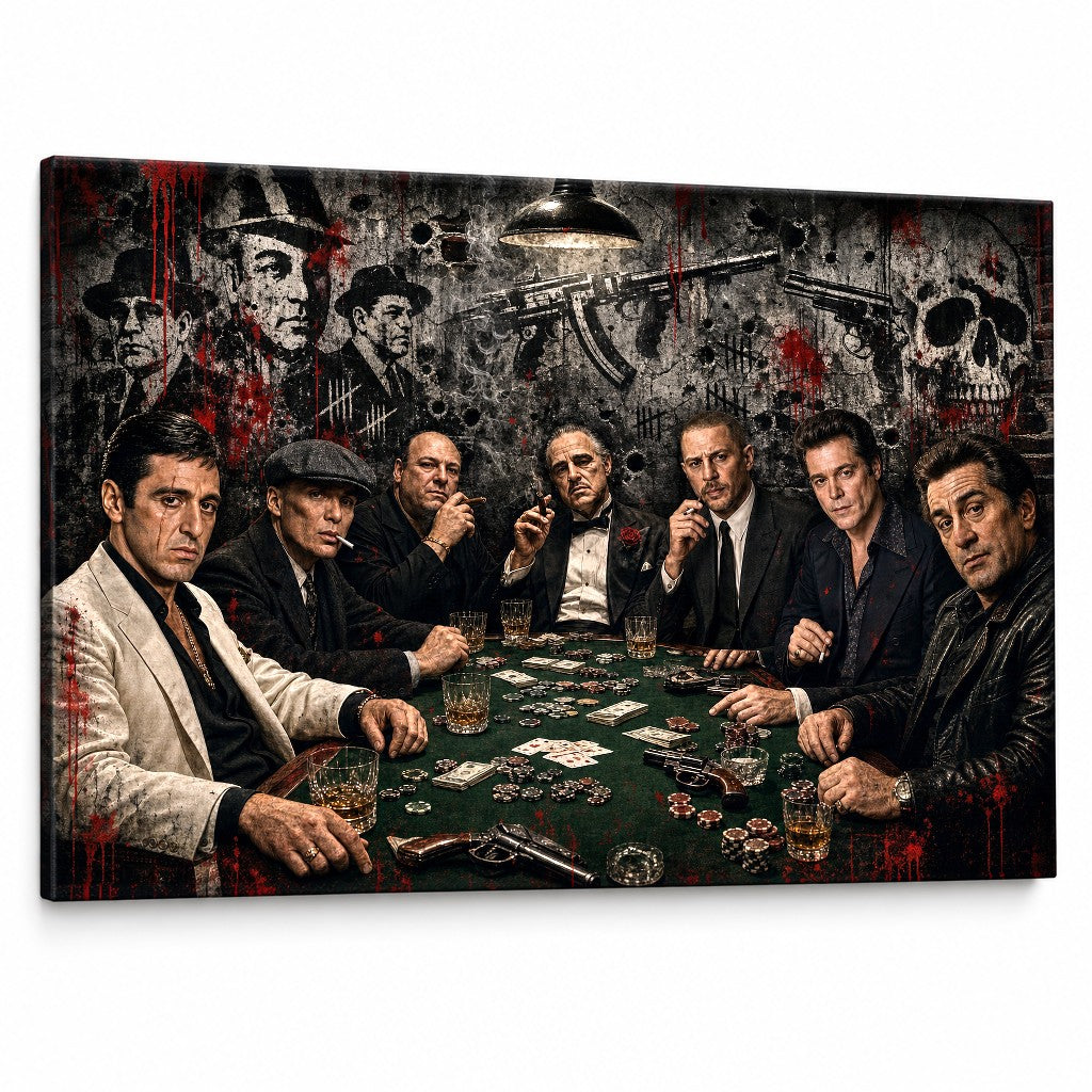 Dramatična slika mafijaša za pokerskim stolom, noir stil s filmskim legendama na kvalitetnom pamučnom platnu, idealno za muški interijer Papilora.