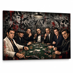 Dramatična slika mafijaša za pokerskim stolom, noir stil s filmskim legendama na kvalitetnom pamučnom platnu, idealno za muški interijer Papilora.