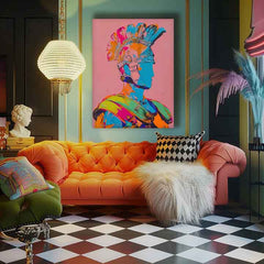 Ručno oslikana premium slika na platnu sa zlatnim akcentima s motivom pop art rimski vojnik ružičasta pozadina obješena u modernom stilskom interijeru iznad drvene konzole s vazom i svijećom, Papilora.