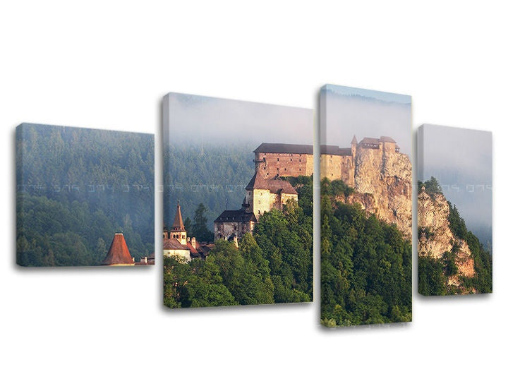 Slika na platnu s motivom dvorac na stijeni u magli – 3D prikaz platna s vidljivim drvenim okvirom, Papilora.