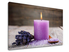 Slika na platnu s motivom ljubičasta svijeća, lavanda i sol – 3D prikaz platna s vidljivim drvenim okvirom, Papilora.