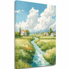 Slika na platnu s motivom seoski krajolik s rijekom i kućama – 3D prikaz platna s vidljivim drvenim okvirom, Papilora.