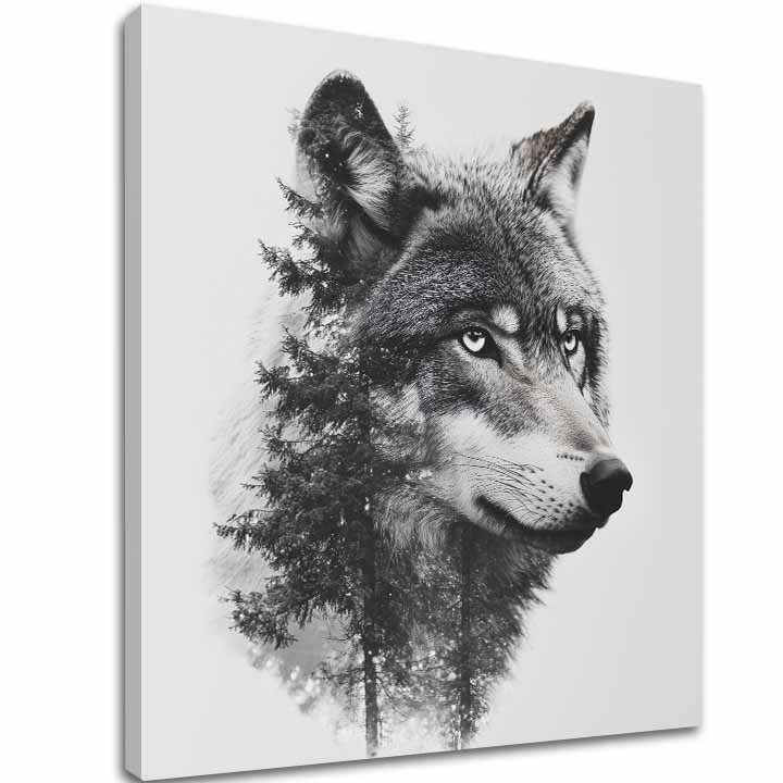 Slika na platnu s motivom vuk i šuma, crno-bijelo – 3D prikaz platna s vidljivim drvenim okvirom, Papilora.