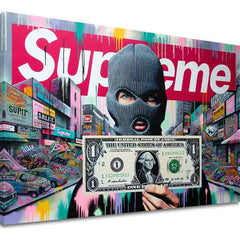 Slika na platnu s motivom osoba u balaklavi s dolarom, grafiti – 3D prikaz platna s vidljivim drvenim okvirom, Papilora.