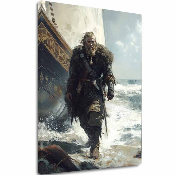 Slika na platnu s motivom viking ratnik s brodom na obali – 3D prikaz platna s vidljivim drvenim okvirom, Papilora.