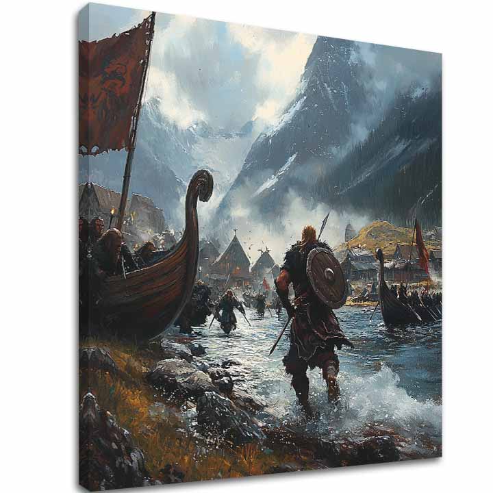 Slika na platnu s motivom vikinzi u selu s brodovima – 3D prikaz platna s vidljivim drvenim okvirom, Papilora.