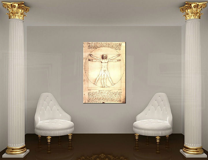 Slika na platnu s motivom vitruvijev čovjek, leonardo da vinci obješena u modernom stilskom interijeru iznad drvene konzole s vazom i svijećom, Papilora.