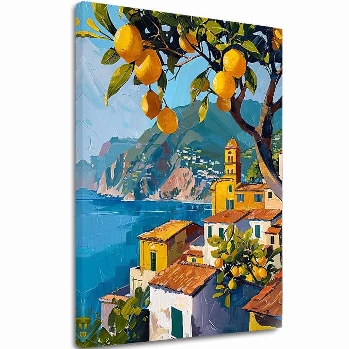 Slika na platnu s motivom mediteranski krajolik s limunima i morem – 3D prikaz platna s vidljivim drvenim okvirom, Papilora.